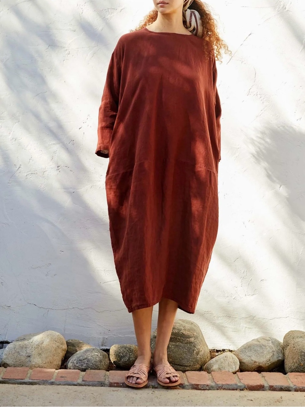 Black Crane | 100% Linen Long Bud Dress in Brick ~ Large